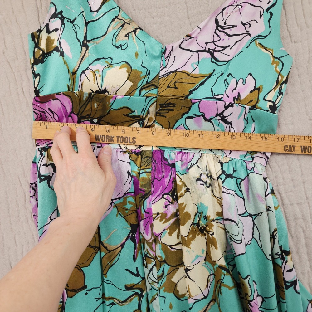 Adrianna Papell Silk Dress 10 Teal Purple Floral Fit Flare Cocktail Party Fairy - Picture 7 of 15